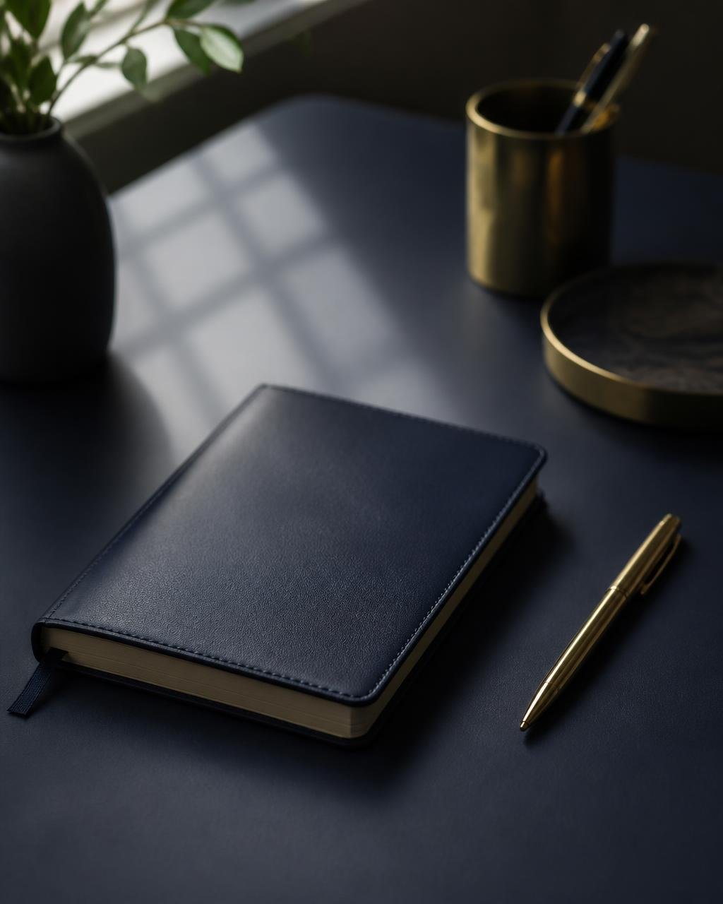 Mesa de trabalho em tons de azul-marinho com caderno de couro e caneta dourada