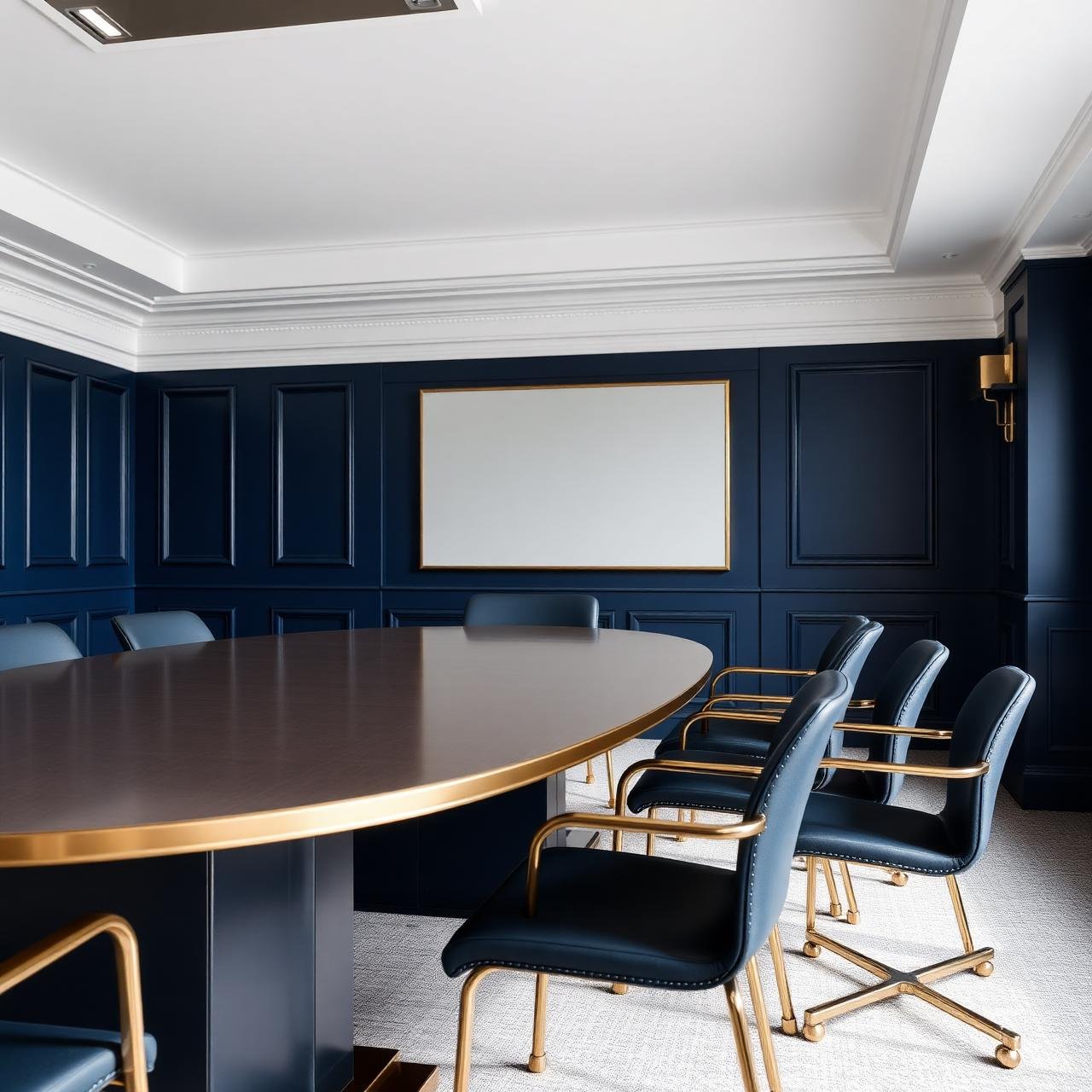 Sala de reuniões em azul-marinho com detalhes em dourado
